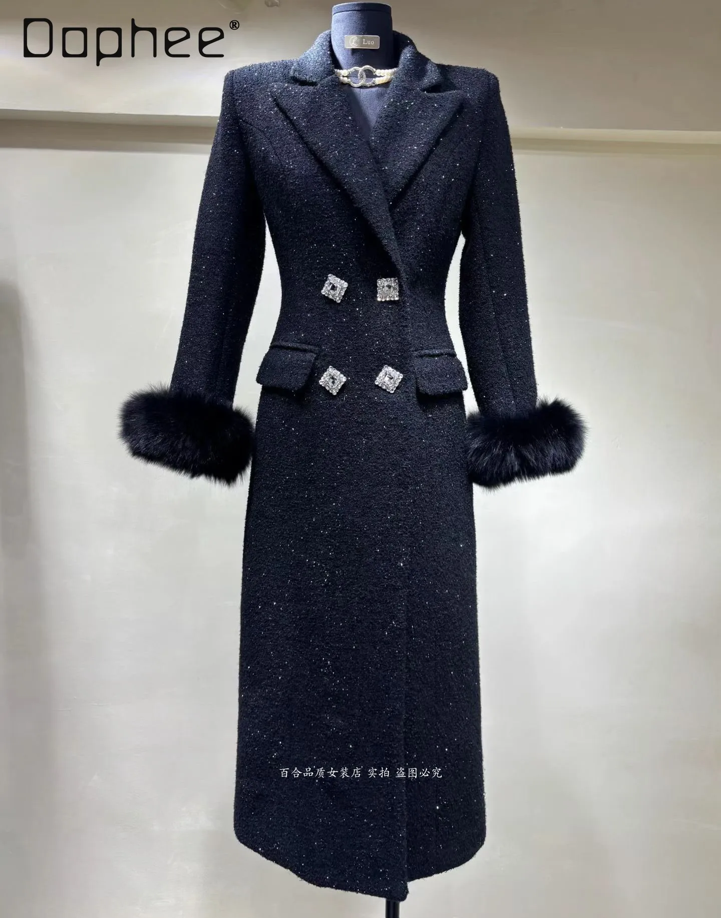 

High-end Diamond Button Suit Collar Thick Wool Coat Real Fox Fur Splicing Long Sleeve Single-breasted Long Shiny Tweed Jackets