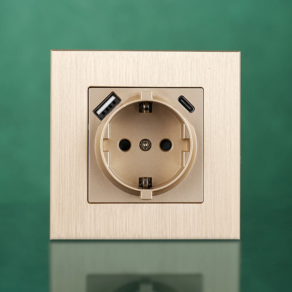 EU standard 86 type German socket USB ports Type-C and  USB-A 250V 16A aluminum brushed panel wall socket CE RoHS authentication