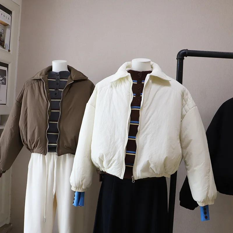 Fashion Turn Down Collar Short Cotton Coat Women's New Solid Color Long Sleeve Thickened Jackets Loose Versatile Warm Outerwear