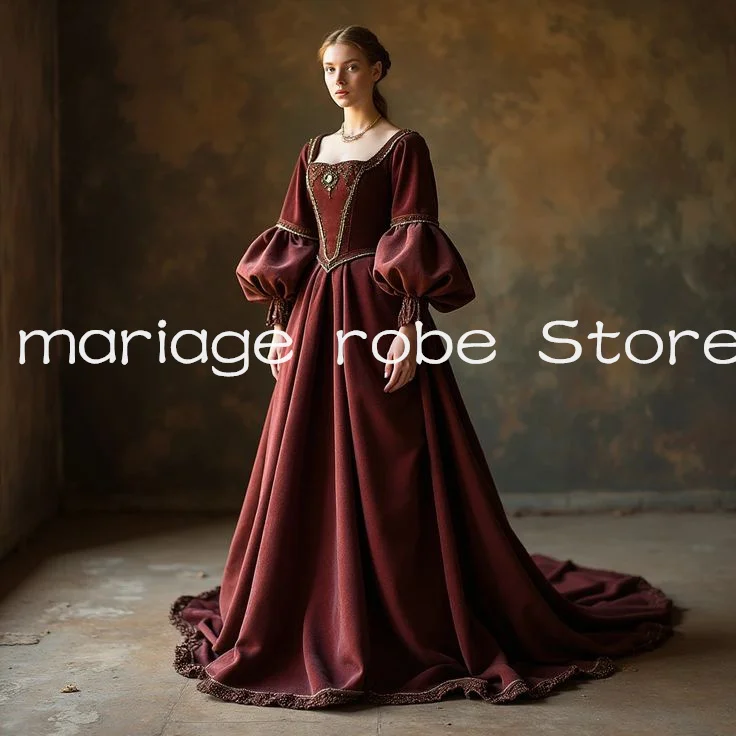 Burgundy Opulent Tudor Victorian Evening Dresses Flowing Sleeves Lace-up Corset Renaissance Evening Gown Customsized