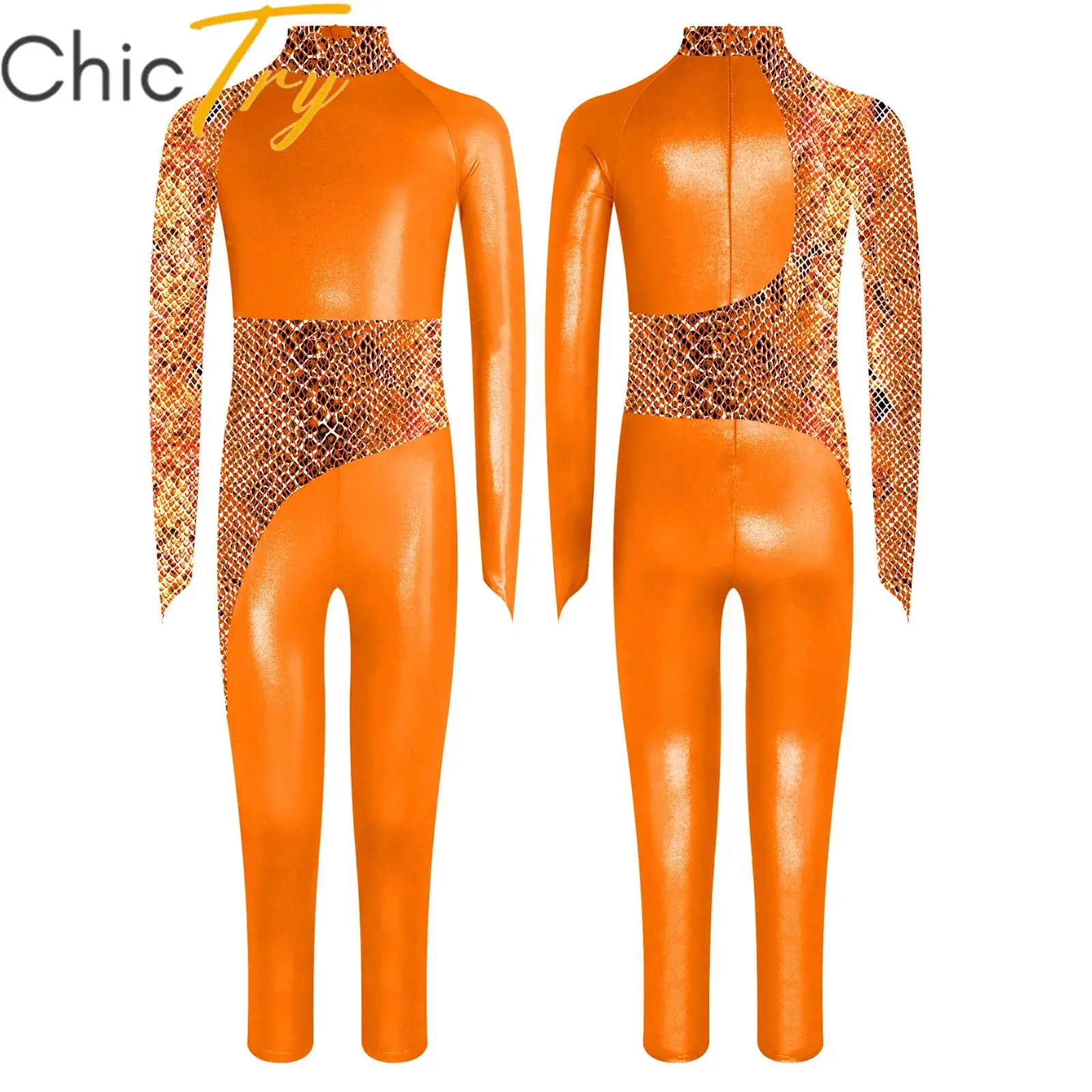 

Kids Girls Ballet Gymnastics Jumpsuit Printed Snake-Patterned Bodysuit Glossy Mock Neck Long Sleeve Stretchy Fitness Leotard