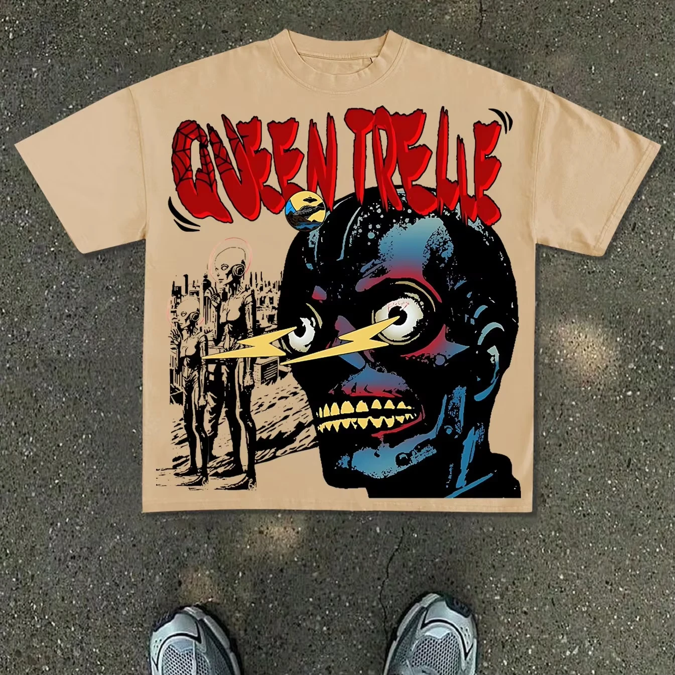 Men's New T-Shirt, Millennium Futurism Apparel Graphic, White Loose Fit, Decorated with Red Graffiti-style