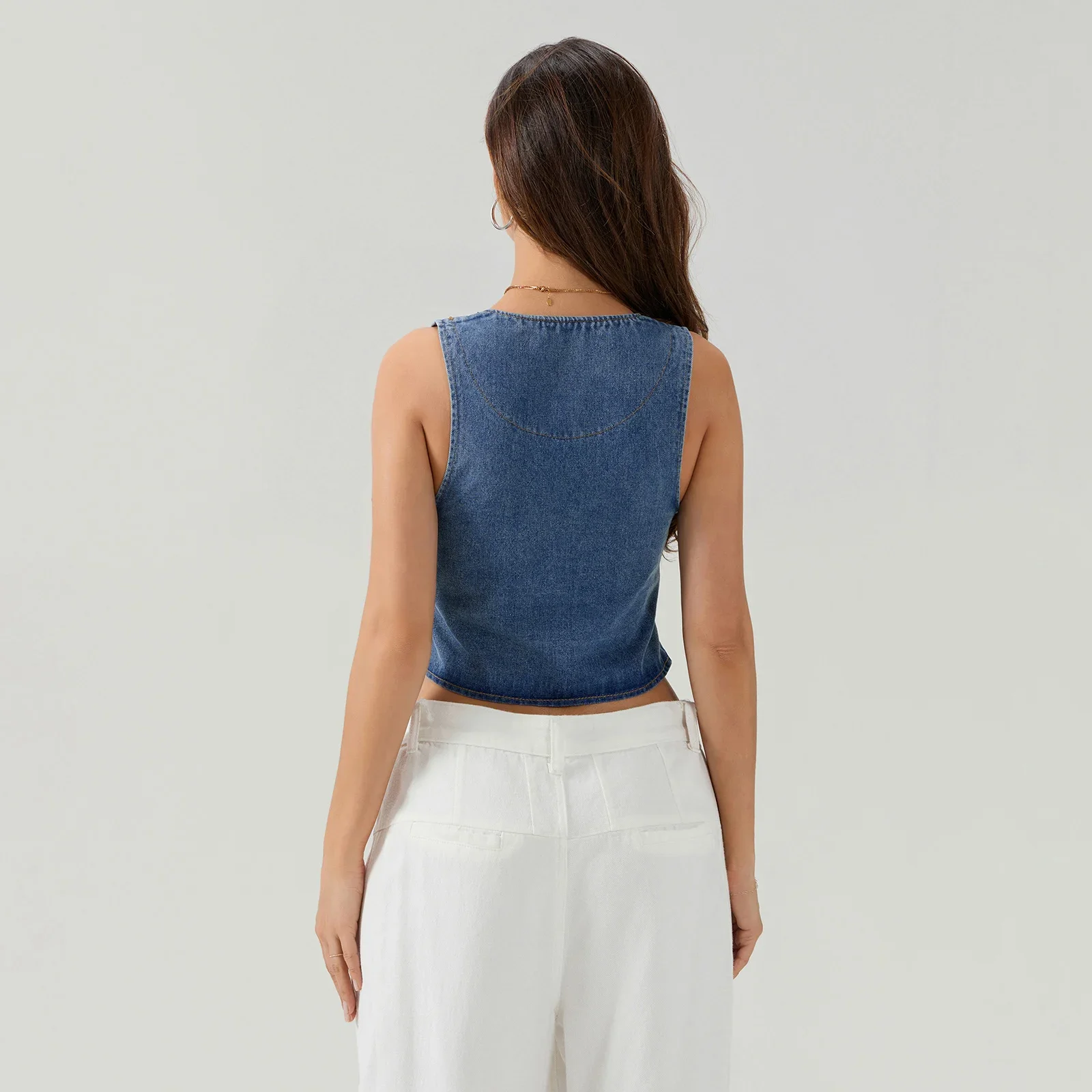 Zomermode Mouwloze Tops Vrouwen Denim Tank Tops Effen Voorkant Stropdas-Up Casual Vesten Streetwear