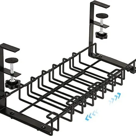 Adjustable Under-Desk Cable Management Tray Powder-Coated Carbon Steel No-Drill Clamp Mount Cm Desktops