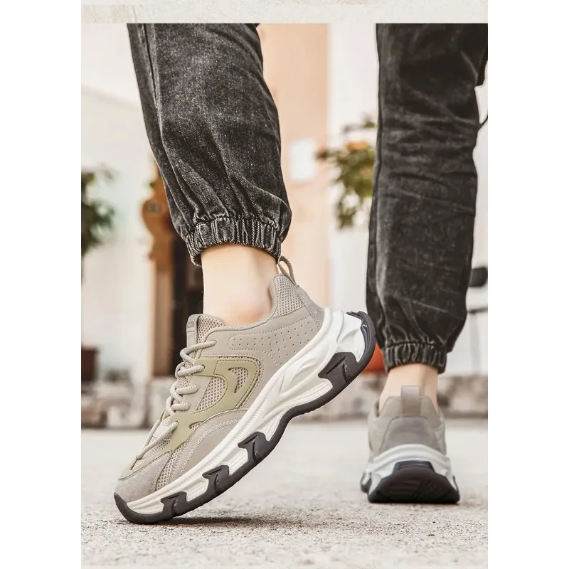 

UUS Paris Sle Men's Dad oes Faionable Casual Thi Bot Heightening Breathable Low Top Lace-Up round Toe Glue-Welded