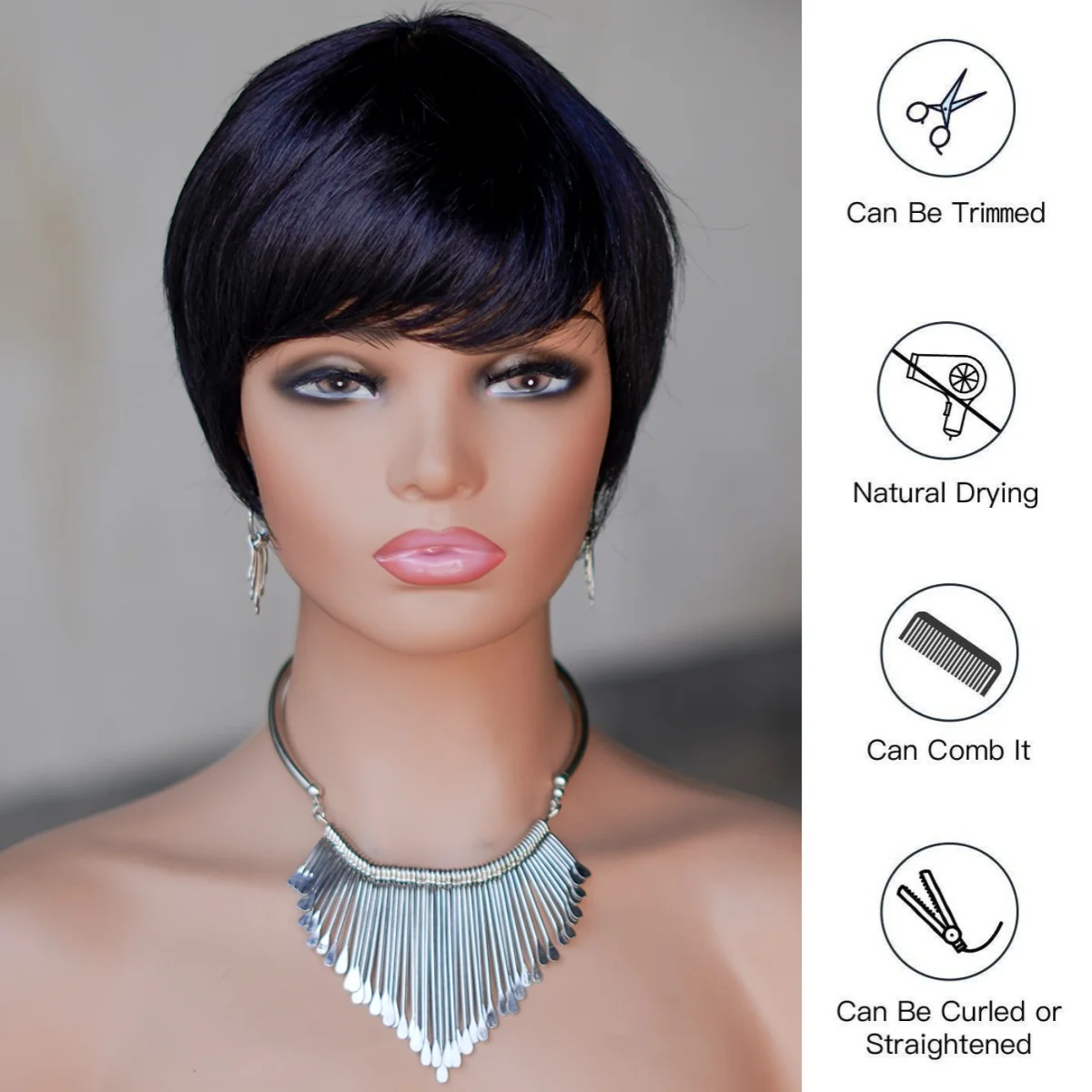 Pixie Cut 100% wig rambut manusia Remy wig rambut lurus asli hitam pendek dengan poni mekanisme penuh wig rambut manusia untuk wanita Afro