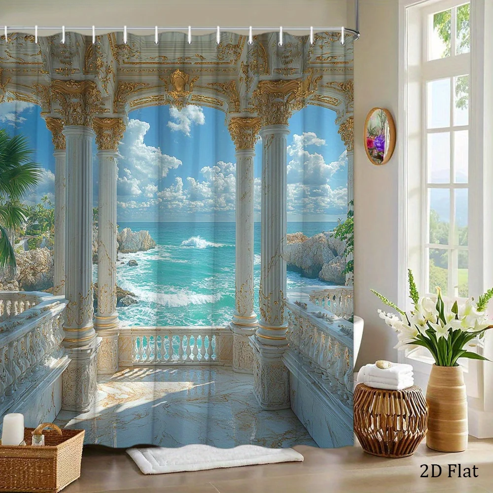 [2D Flat Printing] 1pc Elegant Shower Curtain Featuring Luxury Patio with Marble Columns and Turquoise Ocean View, Grand Bathroo