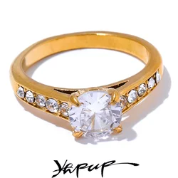 Yhpup 6789 AAA Shiny Cubic Zirconia Engagement Wedding Ring for Women Stainless Steel Fashion Premium Classic Jewelry Gift