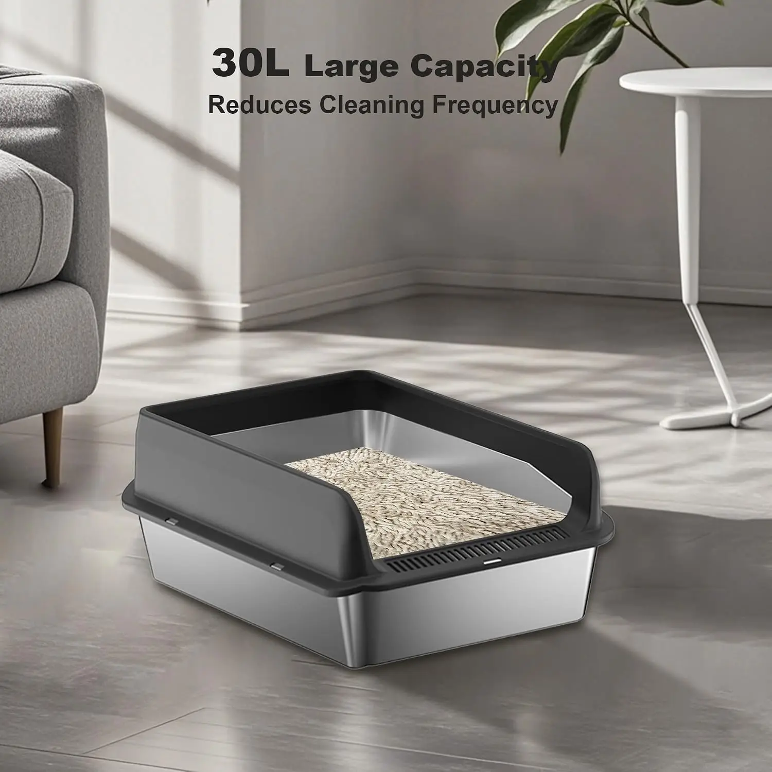Garvee Stainless Steel Cat Litter Box Leak-proof Semi-enclosed Splash-proof Covered Cat Toilet with Removable Lid for Large Cats for Home High Sided, Top Entry, Anti-Tracking, Step Plate,