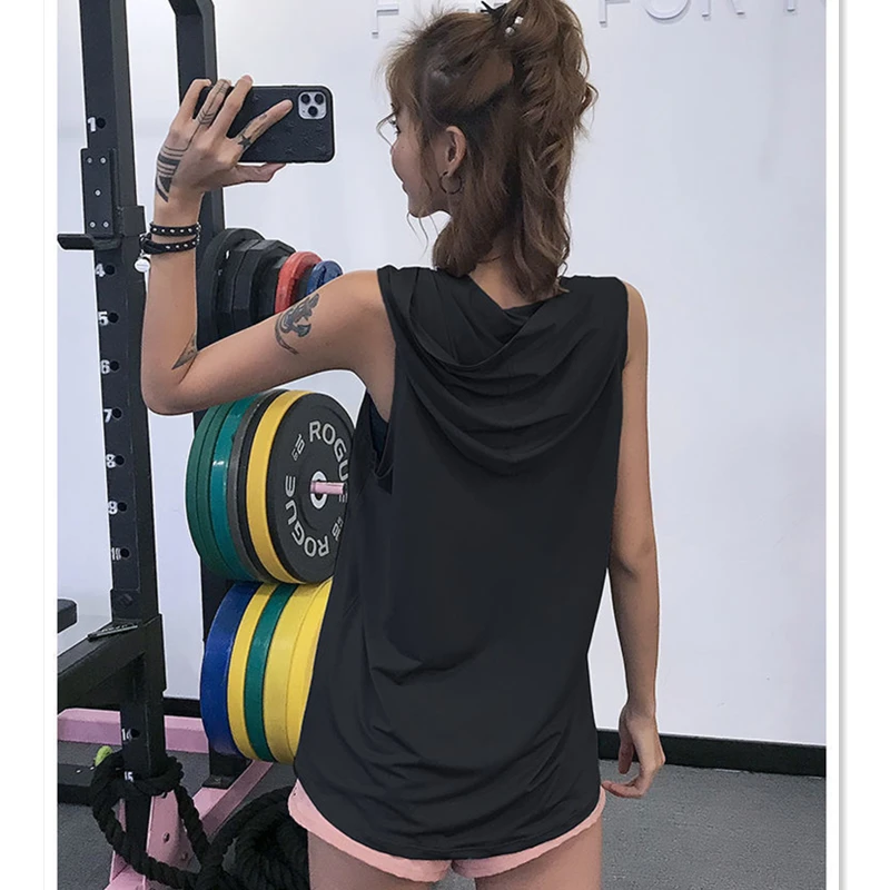 Women Sport Hoodies Gym Workout Vest Loose Yoga Shirt Running Sleeveless T-shirt Quick Dry Jogging Hooded Tank Top Blouse Female