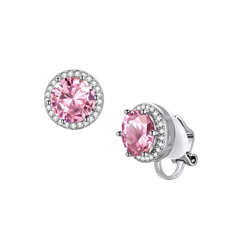 

Sparkling Birthstone Clip On Earrings for Women, Silver Plated Stud Earrings 8MM Cubic Zirconia Non Pierced Studs, 12 Months