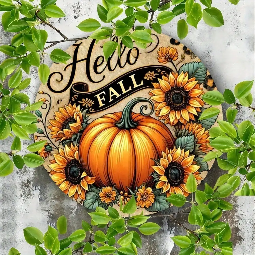 Hello Fall Metal Sign with Pumpkin and Sunflowers