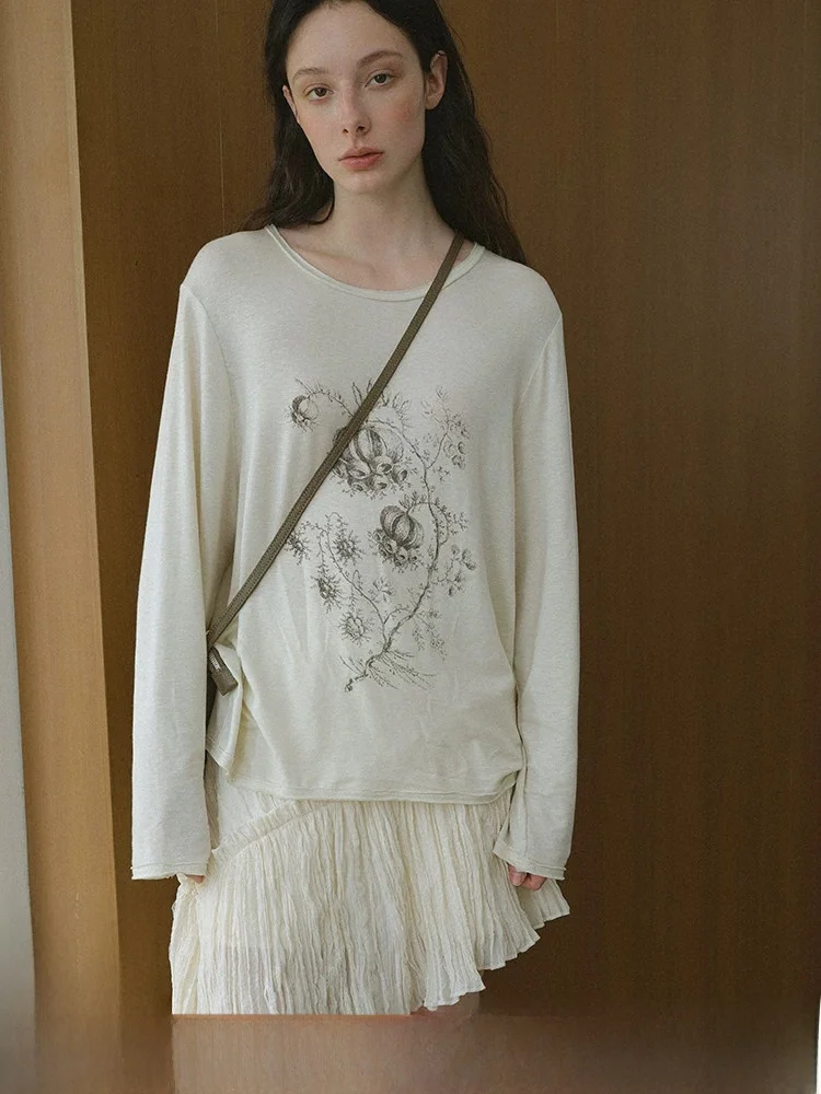 

Popchrio Lenzing Lyocell Linen Blend Long Sleeve round Neck Printed T-Shirt Loose Casual Base Shirt Top for Women