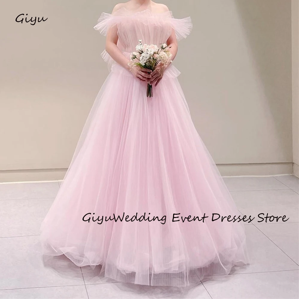 

Giyu Elegant Pink Tulle Long Evening Dresses Off Shoulder Korea Wedding Photoshoot Off Shoulder Floor Length Prom Gowns Bride