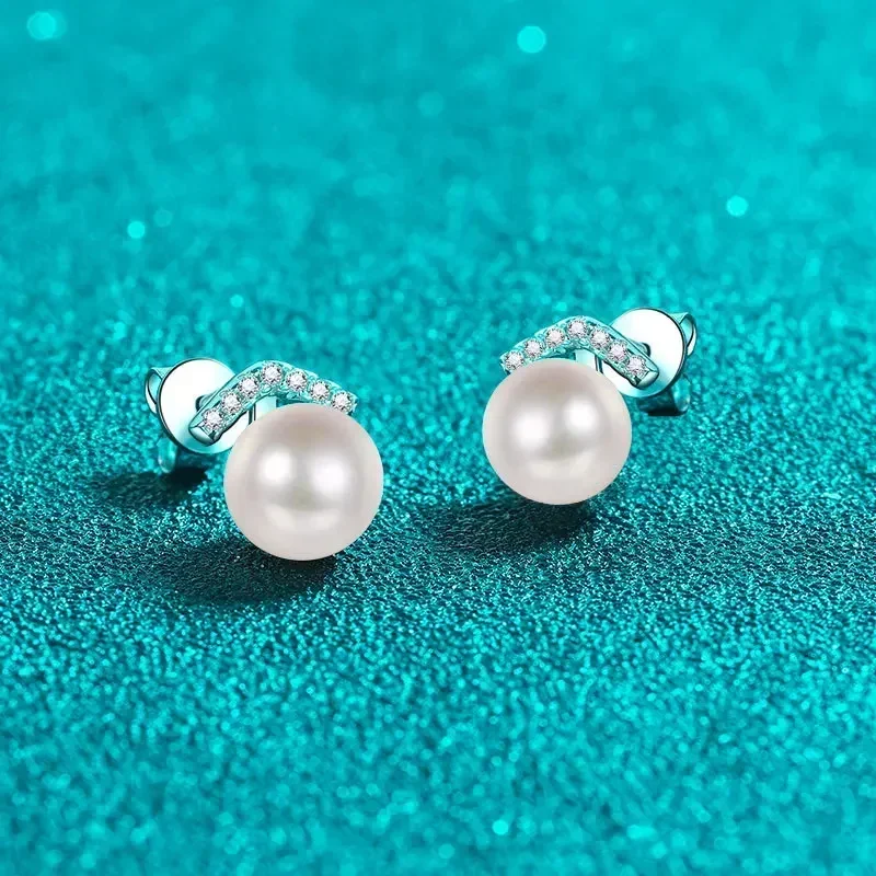 Light Luxury 11 Points Moissanite Stud Earrings Jewelry, 8mm Freshwater Pearl PT950 Platinum Earrings for Wedding Party Gift