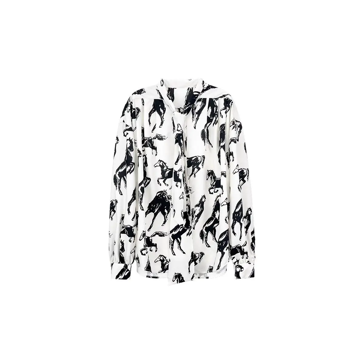 Printed Black and White Contrasting Atmosphere Ribbon Shirt for Women in Spring Loose and Comfortable Long Sleeved Top