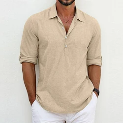 Leisure Loose Cotton Linen Polo Shirt Men Summer Long Sleeve Buttoned Lapel Tops For Mens Fashion Simple Solid Color Polo Tees