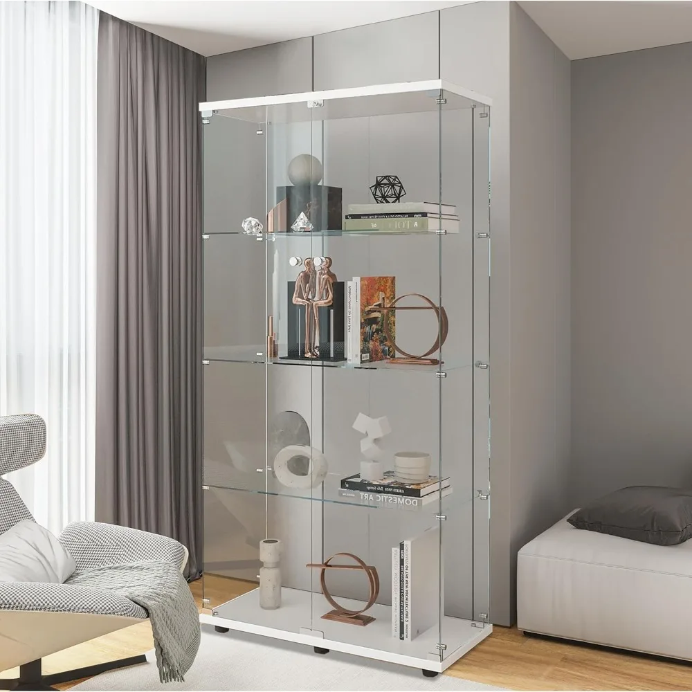 

Glass Display Cabinet with 4 Shelves, 2 Doors Curio Cabinets for Living Room, Bedroom, White Floor Standing Glass Bookshelf