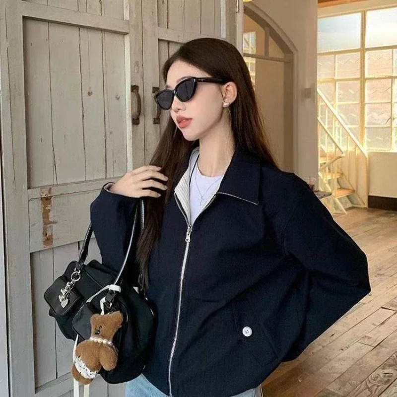 

2025New Retro Striped Lapel Jacket Women's Reversible Zip Up Loose Design Spring Autumn Outerwear