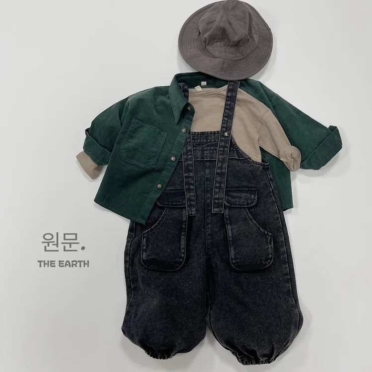 Korean Childrens Boys Vintage Shirt Autumn Retro Solid Color Long Sleeved Striped Velvet Baby Boys Shirt Kids Boys Coat Trend