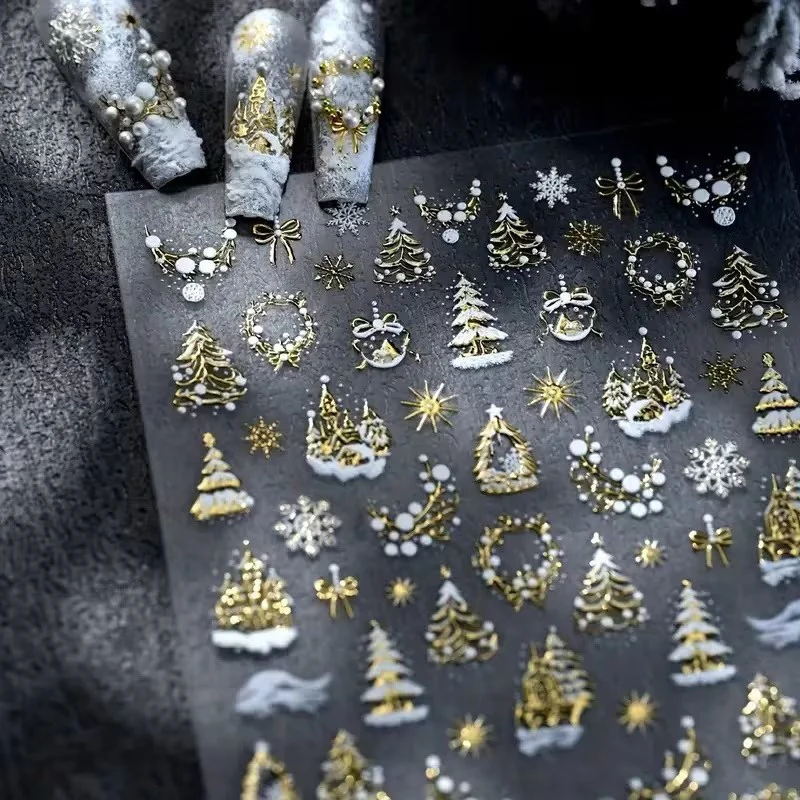 Adesivi per unghie con fiocco di neve in lamina dorata lucida natalizia - Nail art autoadesiva riutilizzabile 3D, perfetti per le vacanze fai da te Nail Art Stick