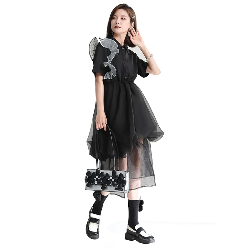 Zhongchuangrizhen 2024 summer new contrasting color shirt dress fake two loose and thin patchwork gauze dress