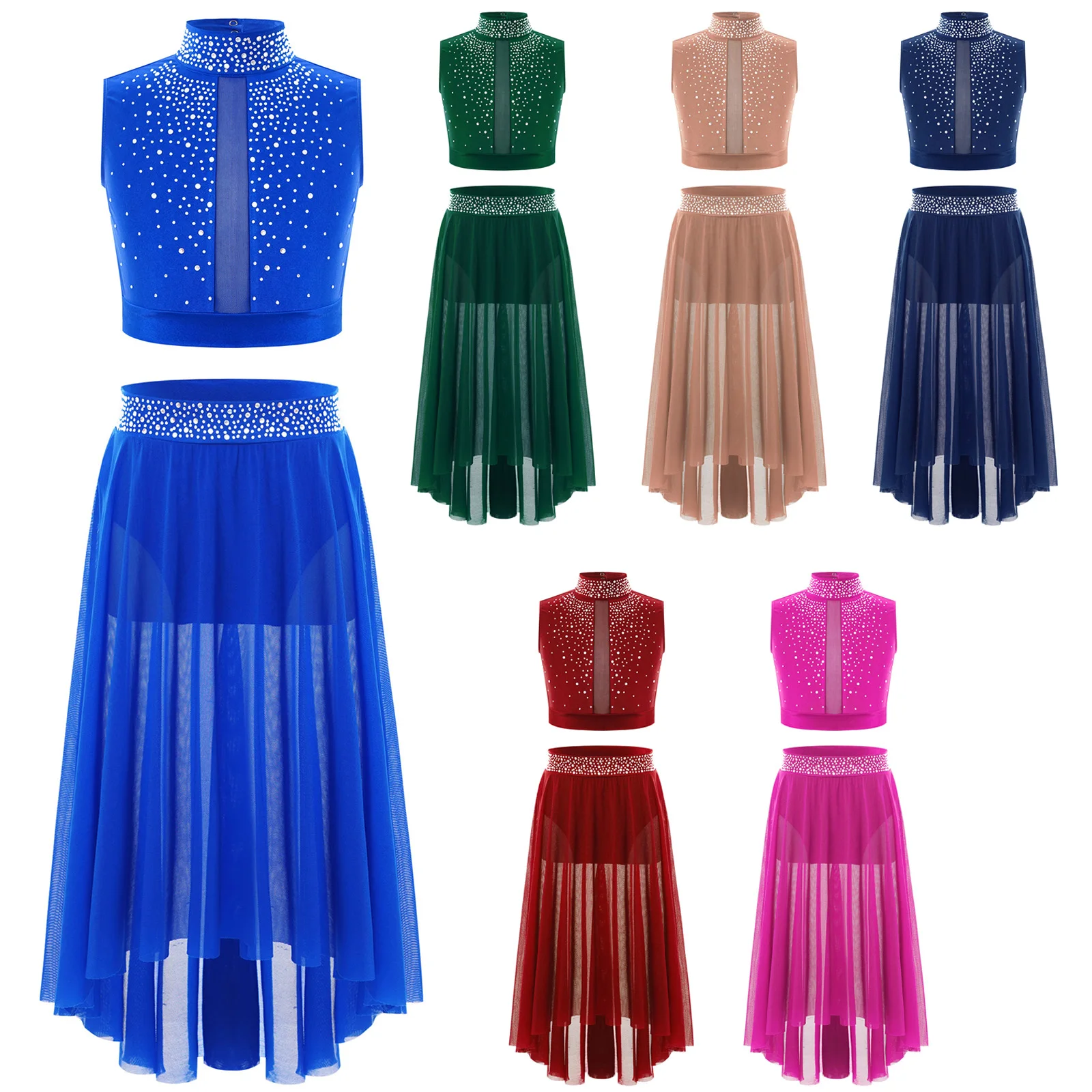 Girls Rhinestones Modern Lyrical Dance Outfit Set Sleeveless Crop Top with Irregular Mesh Skirt for Skating Ballet Dancewear