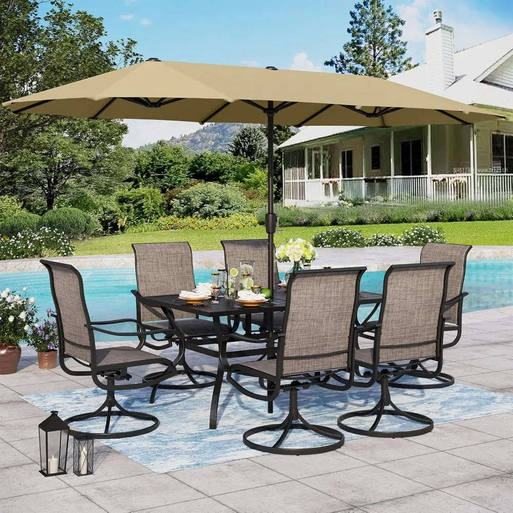 Patio Set with Umbrella 8 Pieces Outdoor Dining Set for 6 with 13ft Double-Sided Umbrella Beige, 6 x Patio Chairs, 1 Metal Table