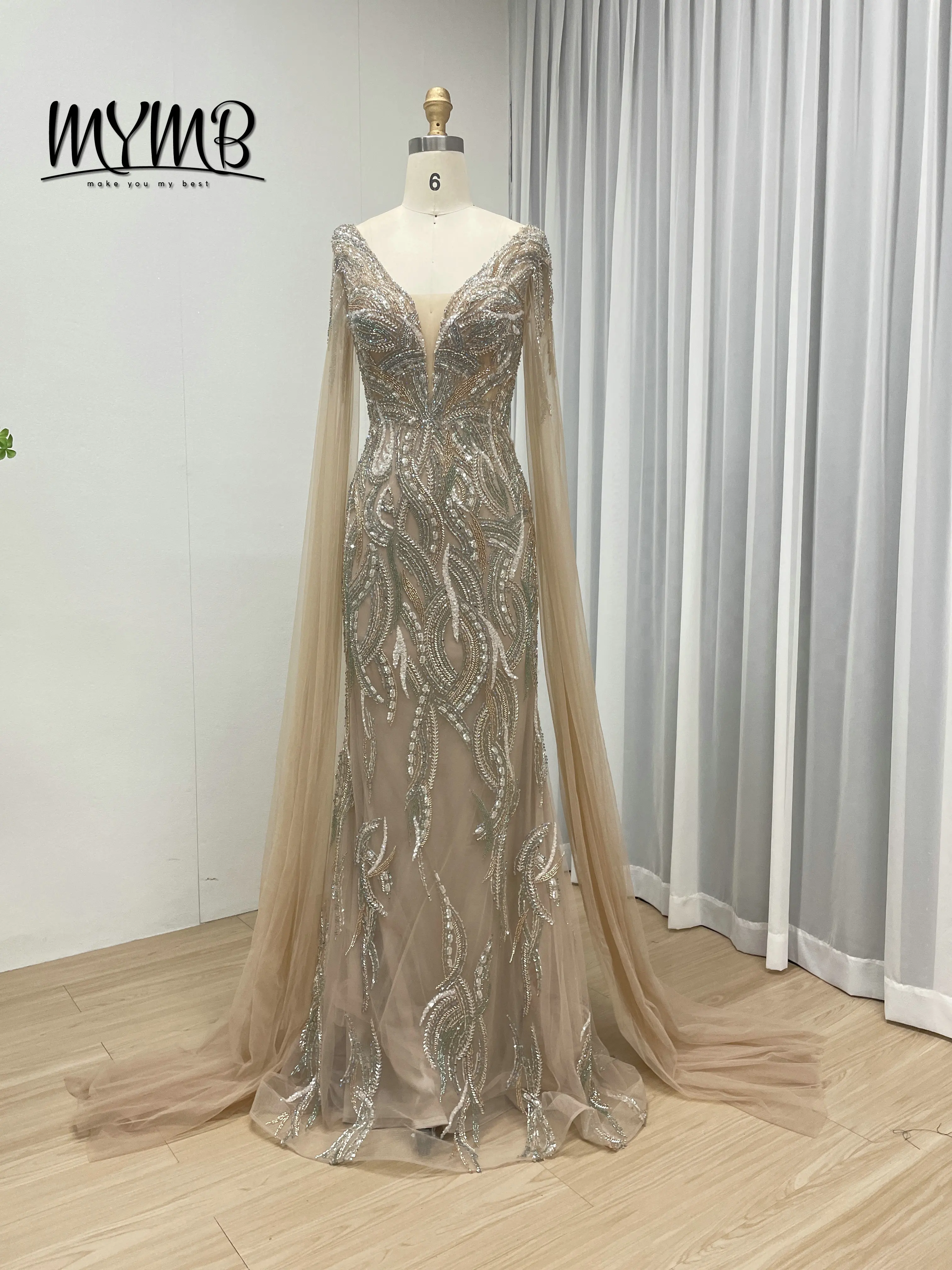 MYMB Hot Selling Champagne Elegant Luxury V Neck Exquisite Beaded Embroidery Long Sleeves Vintage Mermaid Evening Dress MB40321