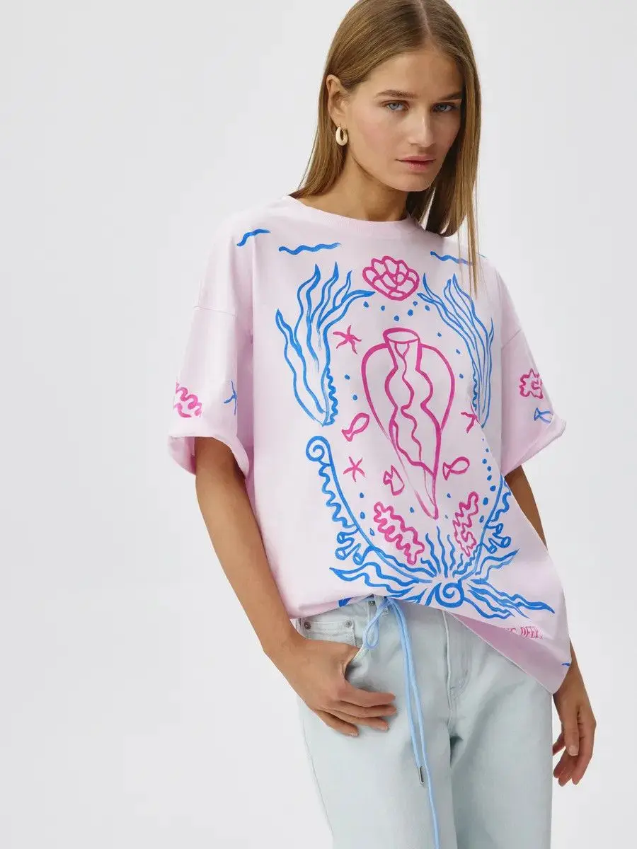 Sweet Pastel Pink Underwater Seashell Print Oversized Cotton T-Shirt | Abstract Marine Life Art Tee Coastal Summer Vacation Top