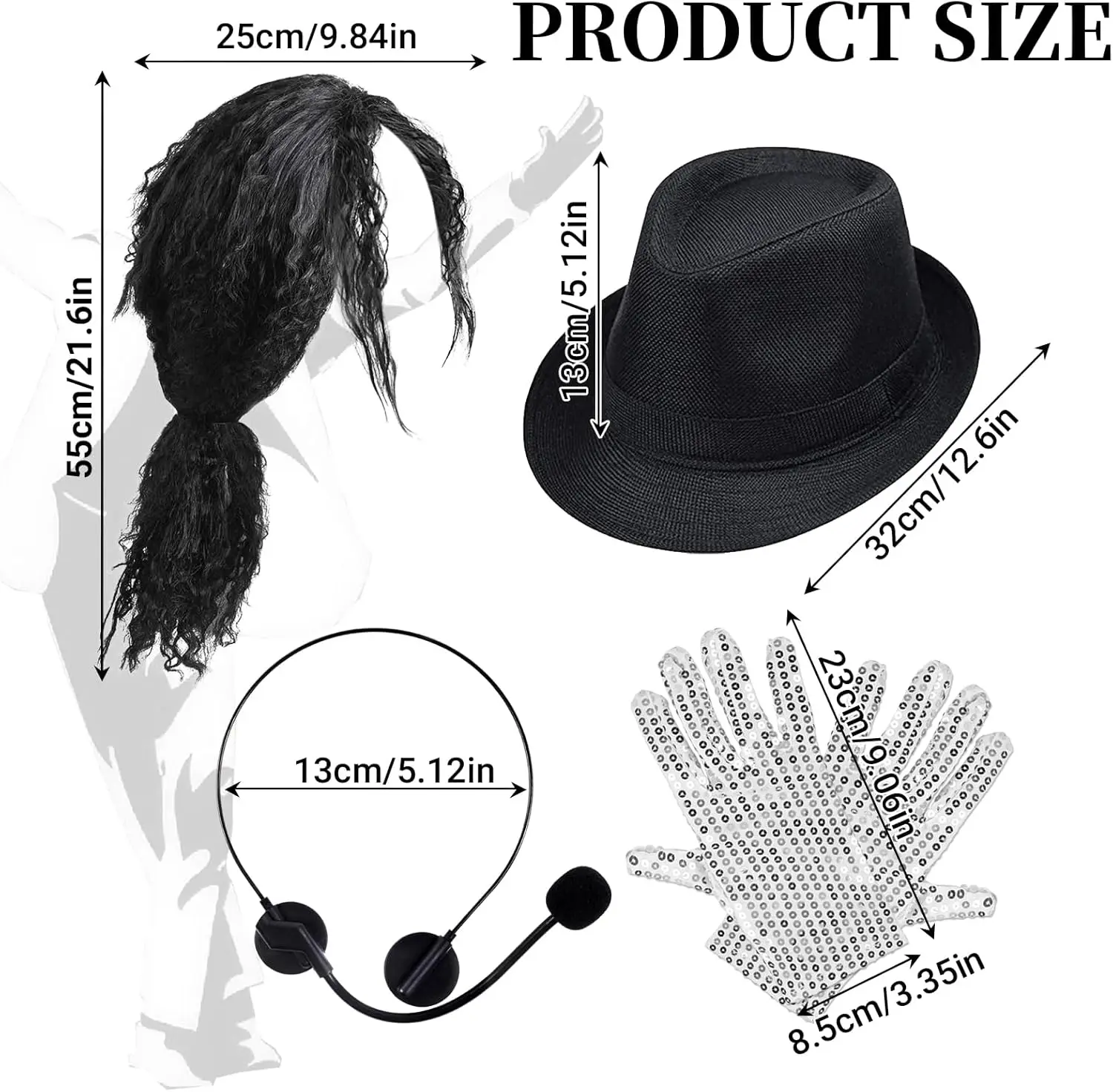 80s Pop Rockstar Dance Costume Accessories,Balck Curly Wig Sequins Gloves Sunglasses MJ Performance Costume Kit