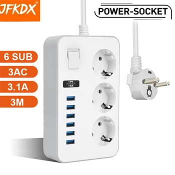 JFKDX EU Plug 3000W High Power Strip 3m Extension Cable 3 AC Outlets with Network Filter 6 USB 3.1 One Output Port Fast Charging