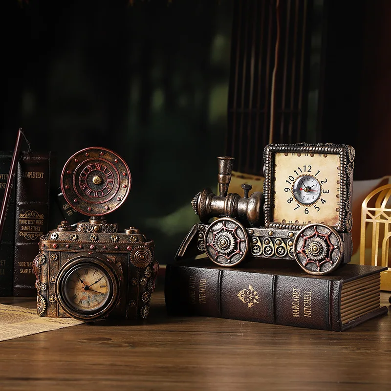 Retro Camera Ornament American Simulation Mechanical Locomotive Clock Resin Handicraft Camera Alarm Clock Ornament