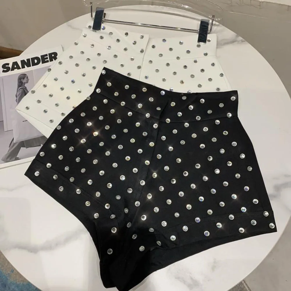 Novo grande strass temperamento shorts para mulheres de cintura alta ajuste fino branco preto curto calças verão shorts 2022