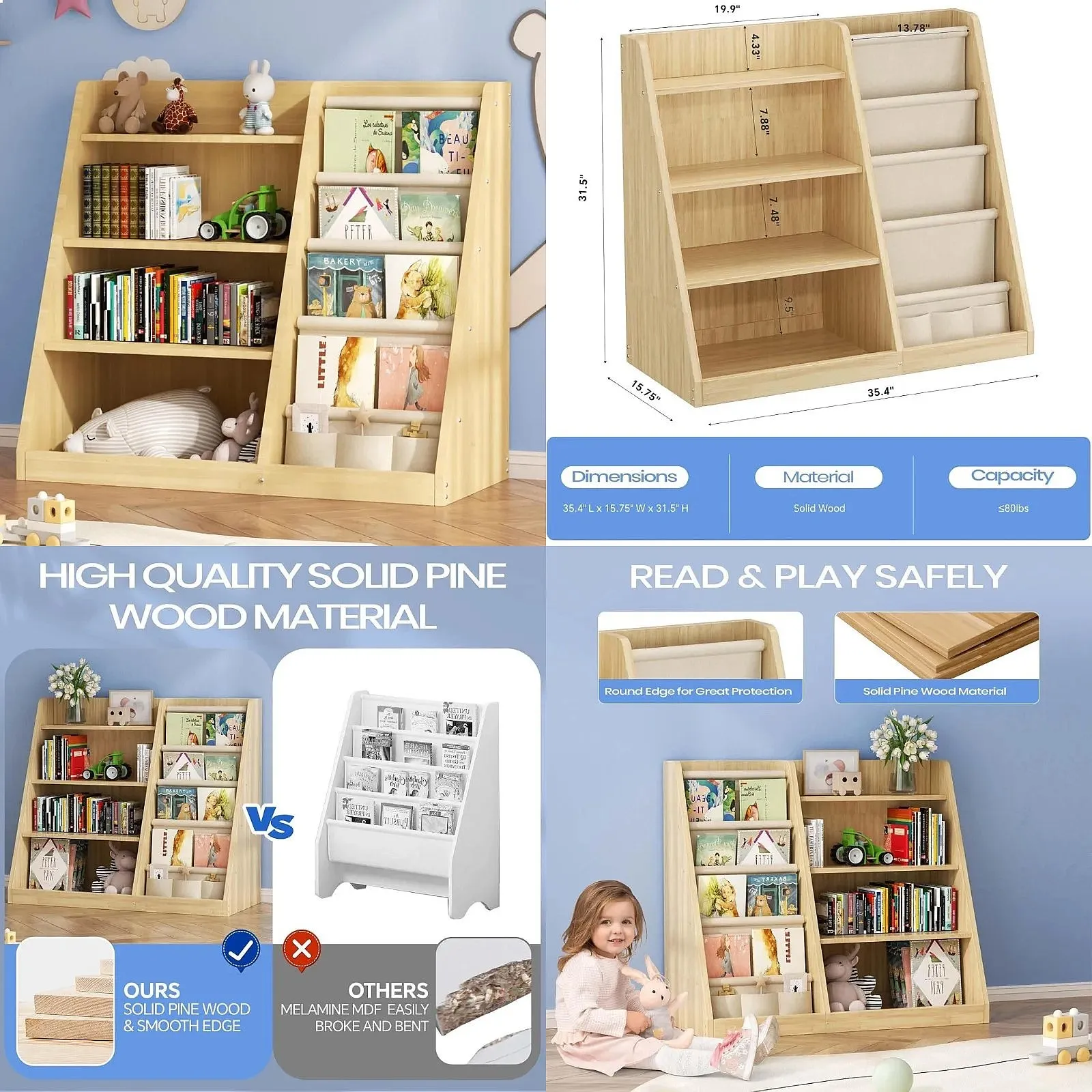 4 Tier Wooden Kids Book Shelf with Toy Storage Organizer Sling Book Rack for Playroom Nursery