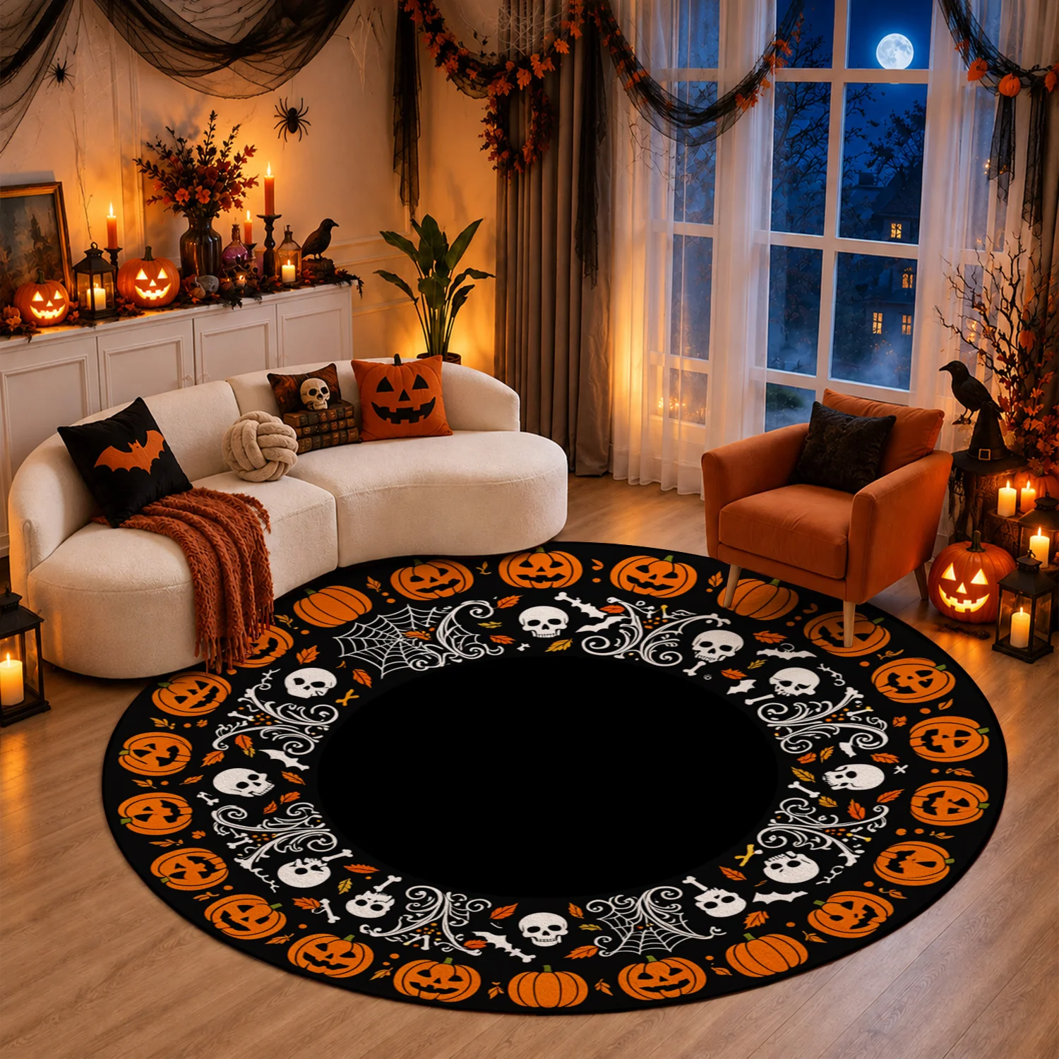 Halloween Pumpkin Skull Bat Cobweb Design Round Velvet Rug Machine Washable for Living Room Dining Room Entryway Ideal for Halloween Thanksgiving Christmas New Year Black Friday Cyber Monday