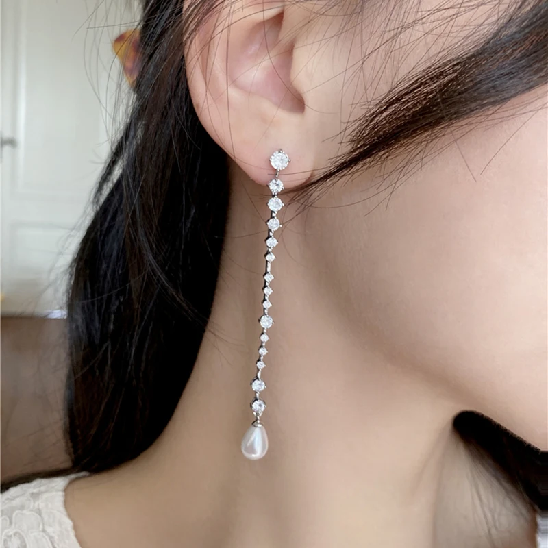 Uilz Bohemian Bling White Zircon Dangle Long Earrings for Women Girls Water Drop Chain Earring Exquisite Party Accessories