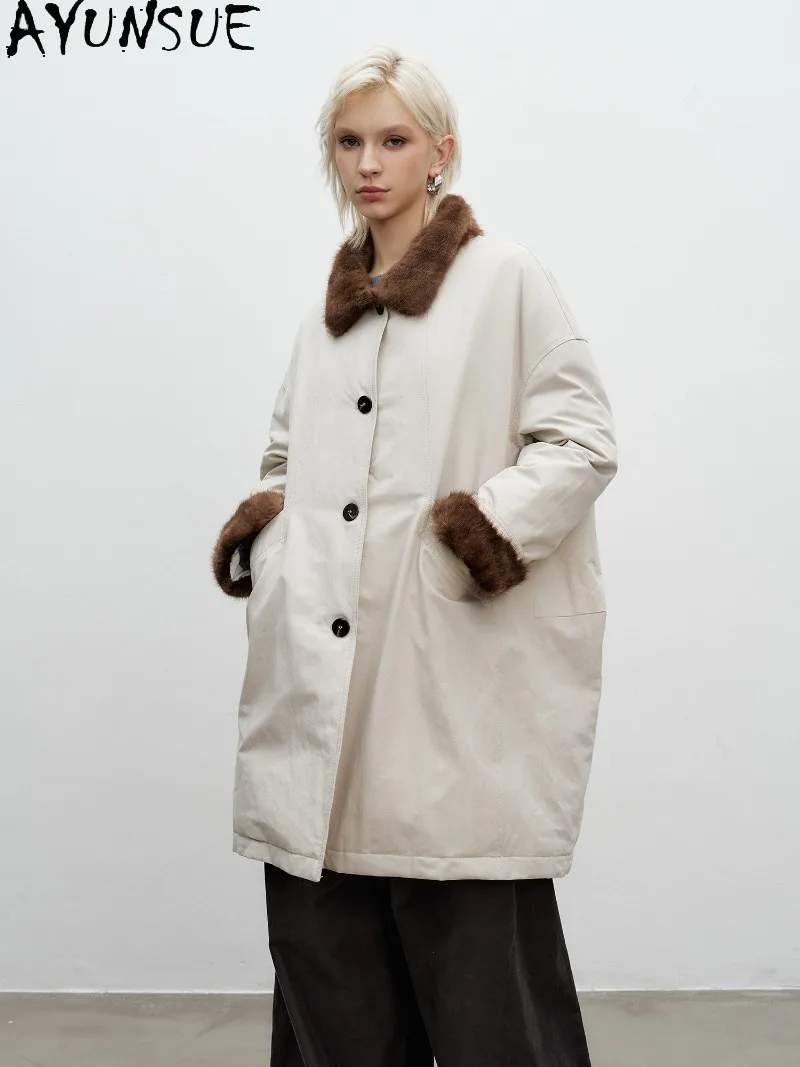 AYUNSUE White Goose Down Parka Women Warm Winter Coat Genuine Muskrat Fur Collar Mid-Length Clothing Fashion 2026 Пальто Женское