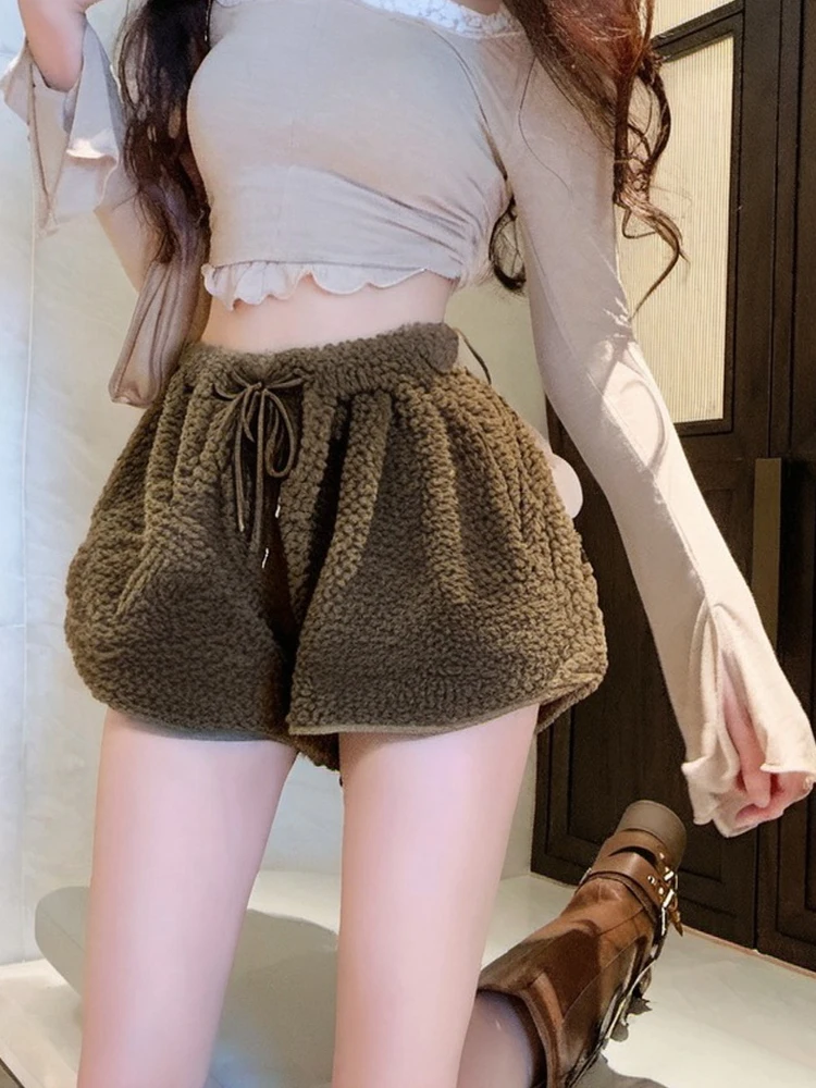 

Милые девушки, брюки из искусственного меха ягненка, повседневные брюки с завязками и высокой талией, верхняя одежда, пушистые рта с бантом