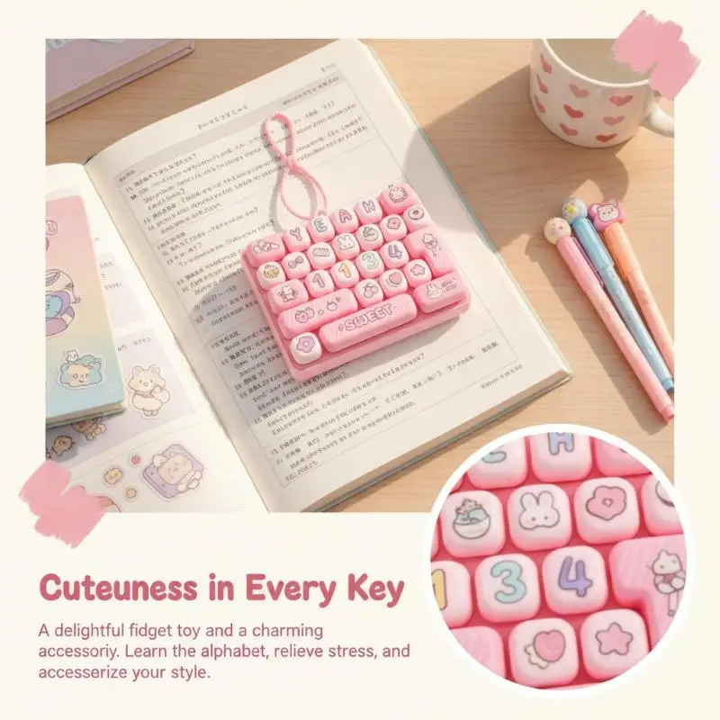 Mini Squeeze Push Fidget Toy 26 Key Keycap Clicker Keychain Anti Anxiety for Adults Daily Killing Time