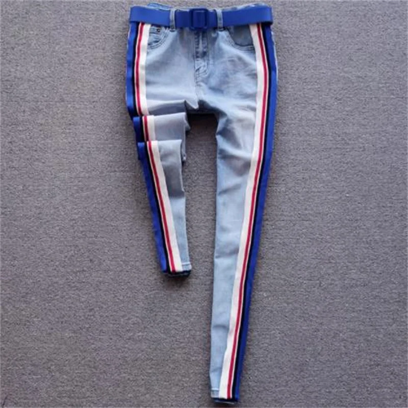 

Light blue stretch jeans women spring autumn 6xl high-waisted striped contrasting color slim fit slim elastic pencil pants