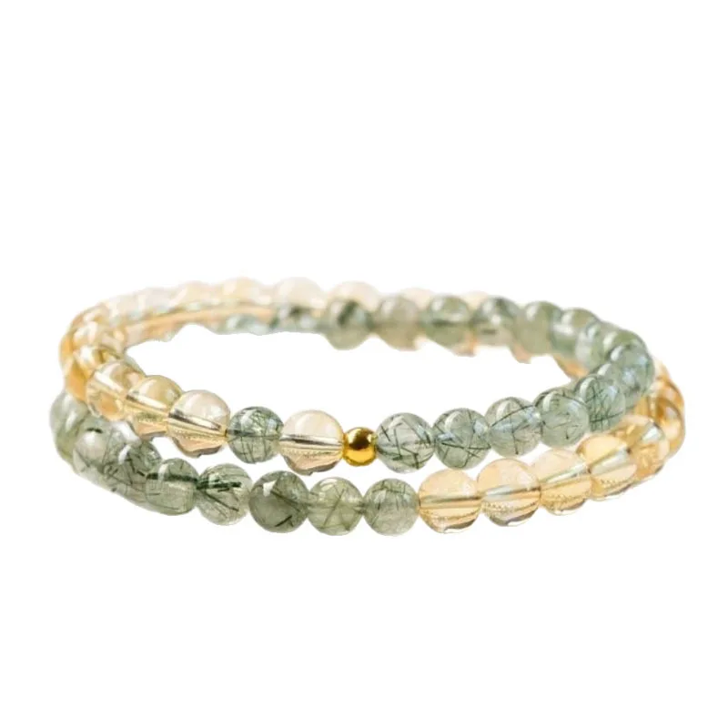 

6mm Green Rutilated Quartz Bracelet Double Loop Green Crystal Bracelet for Women Yellow Crystal Jewelry Gifts