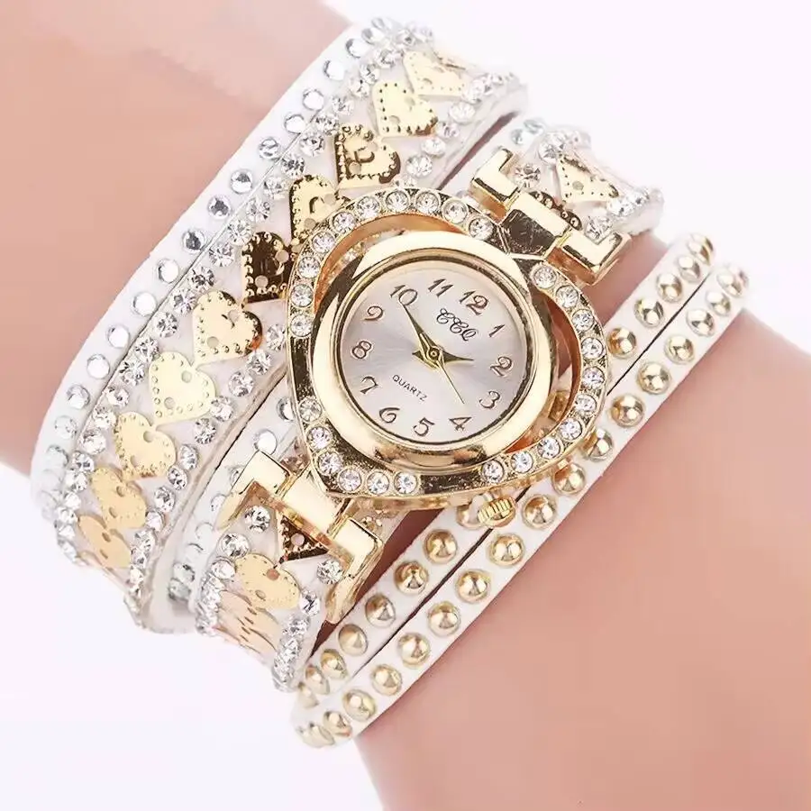 Fashion Rhinestone Heart Dial Women Watches Long Leather Strap Bracelet Wristwatch Reloj Mujer Girls Clock Gift
