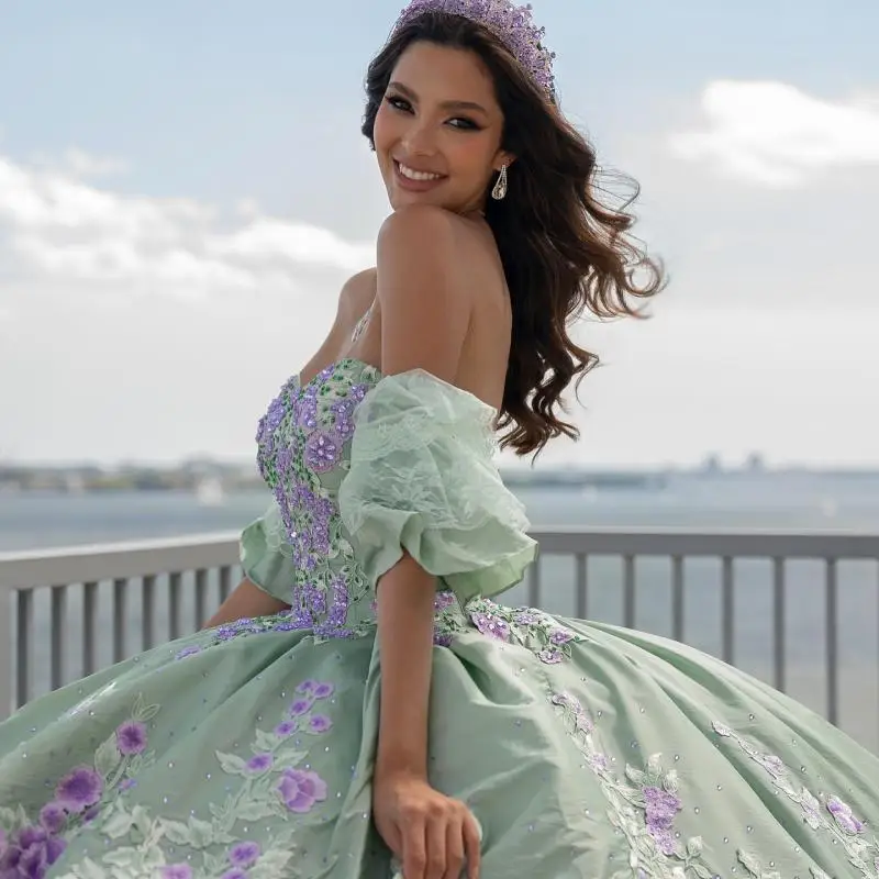Personnalisé vert menthe épaules dénudées Quinceanera robe Tull applique fleur dentelle superposition robes de 15 Quinceanera ﻿