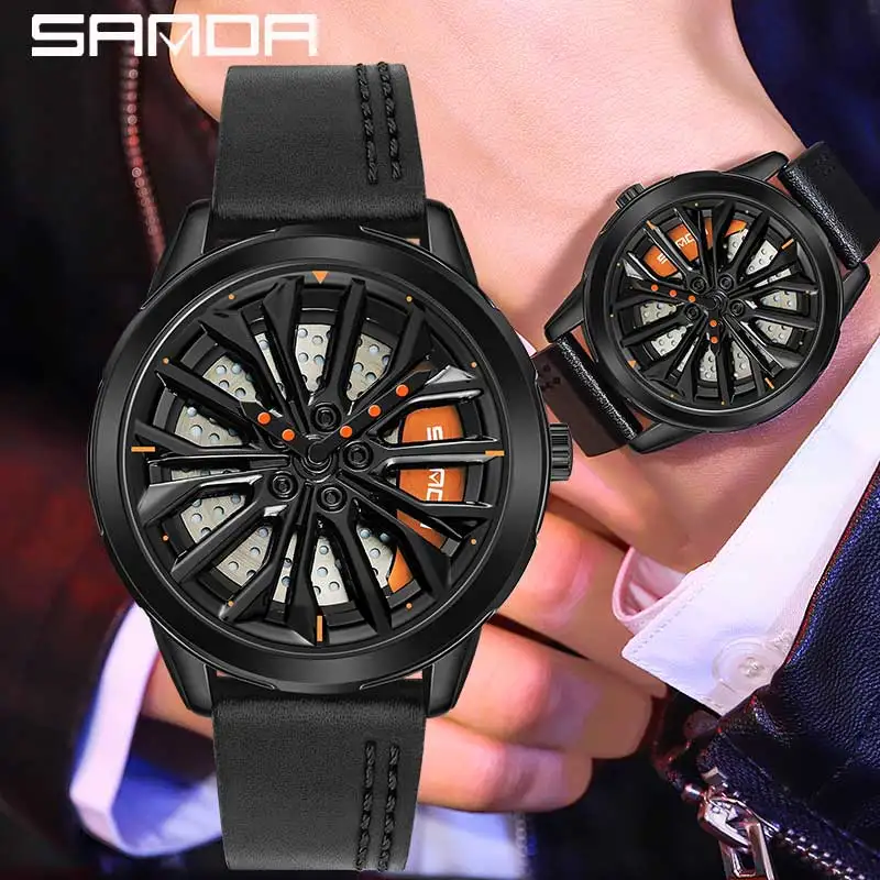 SANDA Hot Sell Fashion Car Wheel Watch 360 Rotating Dial Clock Leather Waterproof Rim Hub Quartz Wristwatch Relogio Masculino