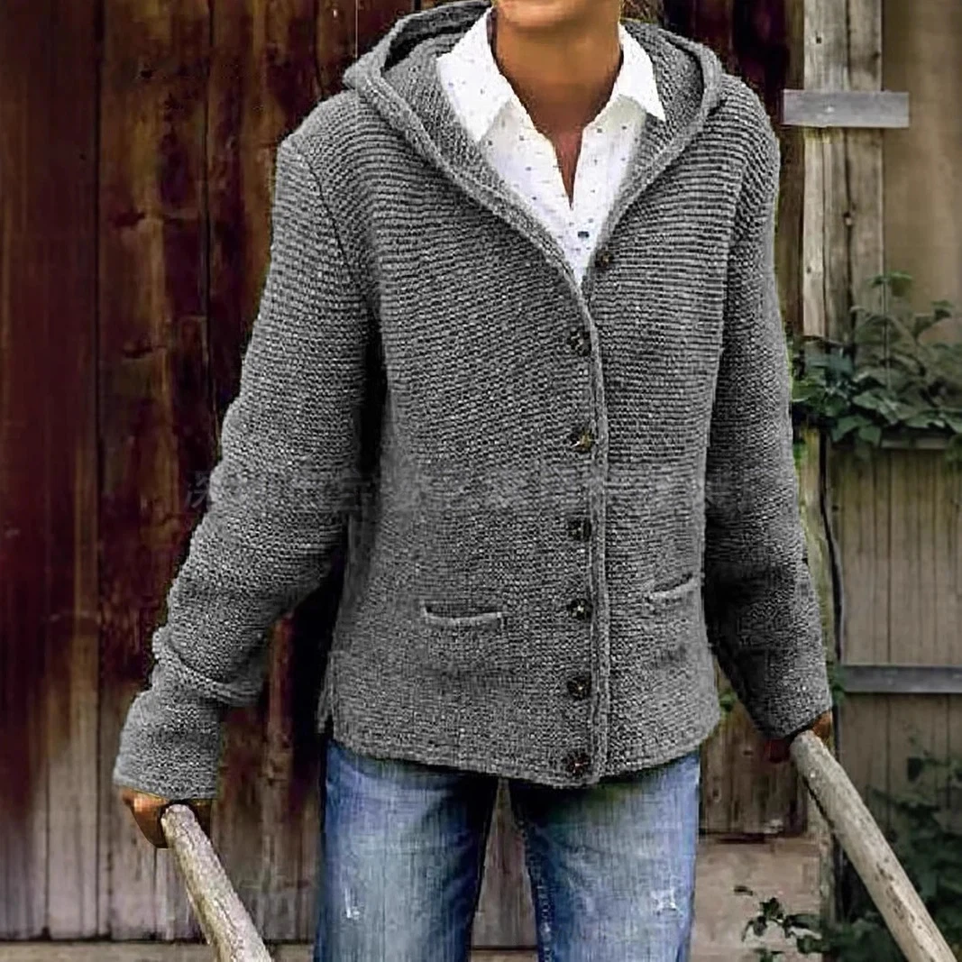 XXOWENLI Hooded Knit Cardigan Fashion Solid Color Long Sleeve Button Sweater Coat With Pockets Autumn Winter Warm Knitted Jacket 2