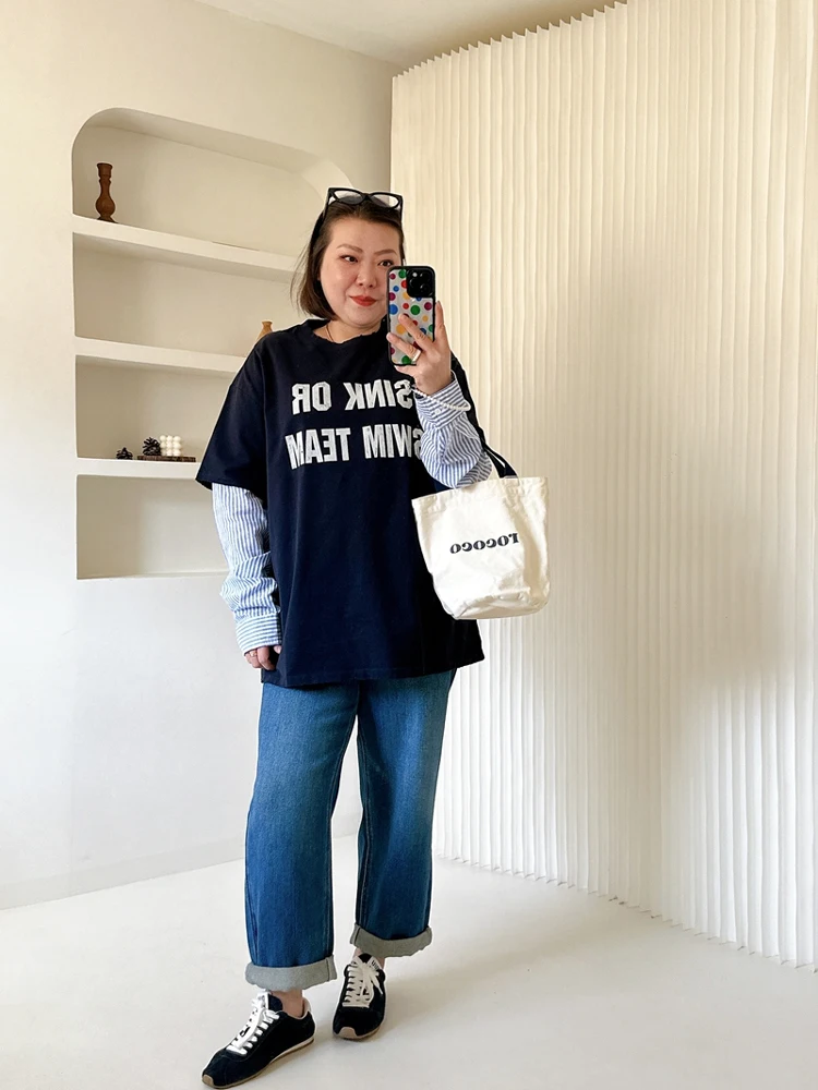 

Женская футболка больших размеров Rose Sister, весенняя, в корейском стиле, синяя, с надписью, с длинным рукавом, круглым вырезом, стандартной длины