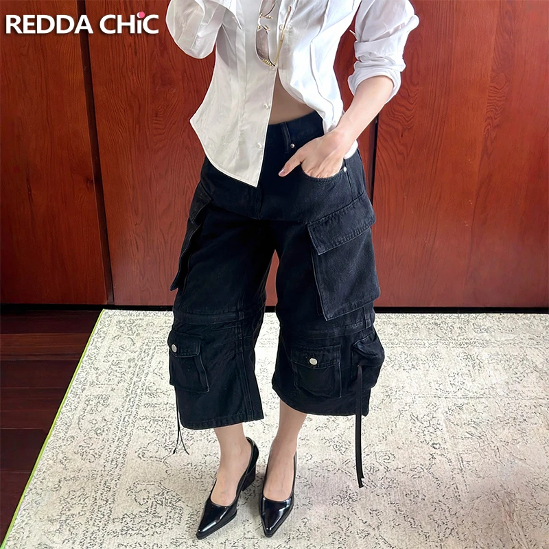 Shorts Bermuda Jeans ReddaChic de Cintura Baixa Vintage Casual Folgado com Vários Bolsos Cargo Jorts Estilo Boyfriend Hip-hop Streetwear