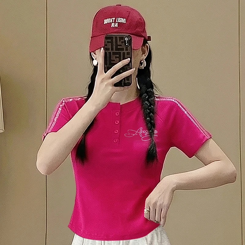 夏新作スクエアダンス半袖tシャツ女性のスリムフィットコットンダイヤモンド埋め込みスポーツステップダンスフィットネスエクササイズウェア