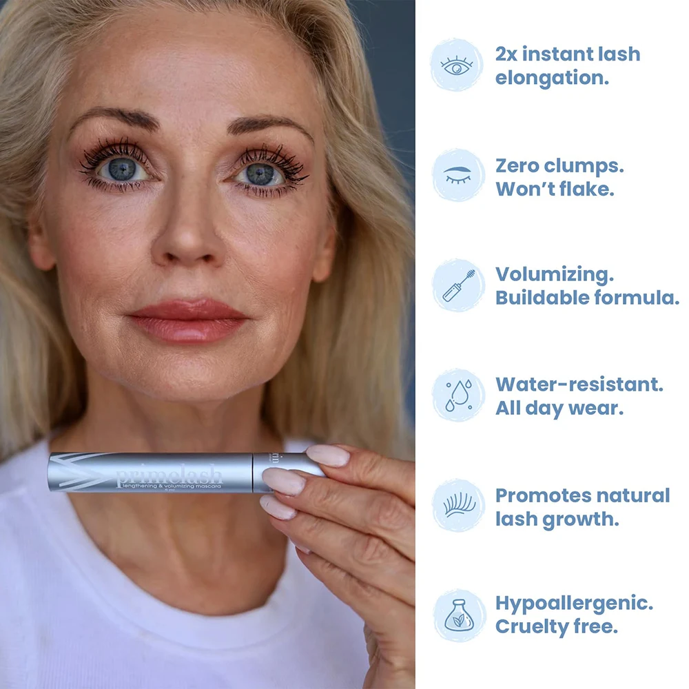 Mascara nero PrimeLash per donne anziane volumizzante di lunghezza incredibile in 2 cappotti a lunga tenuta zero clumps